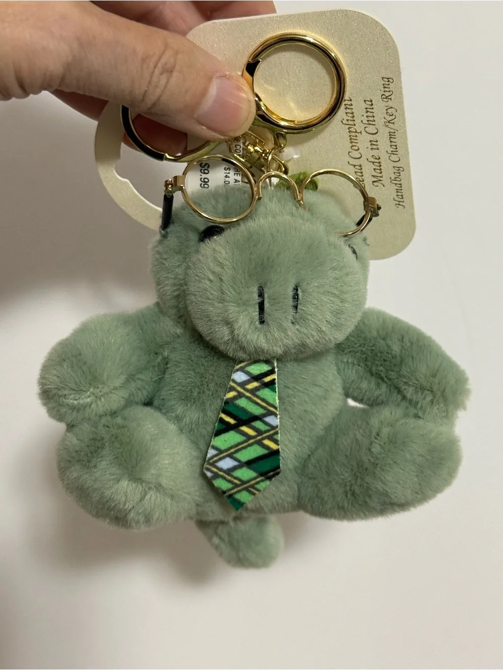 Plush Green Scholarly Dinosaur Glasses & Plaid Tie Handbag Charm/Key Ring - New